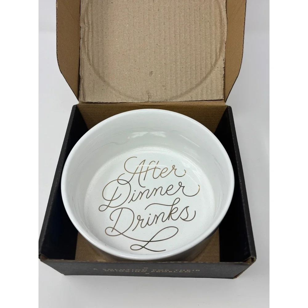 Brass Monkey After Dinner Drinks Ceramic Dog Bowl White Gold Foil lettering NIB